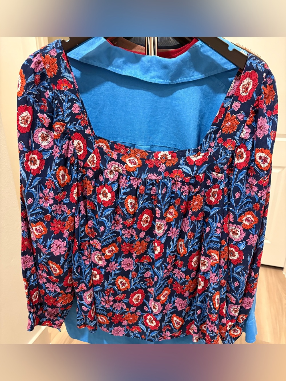 Vineyard Vines Squareneck 3/4 Sleeve Navy Floral Print Blouse Size Large.